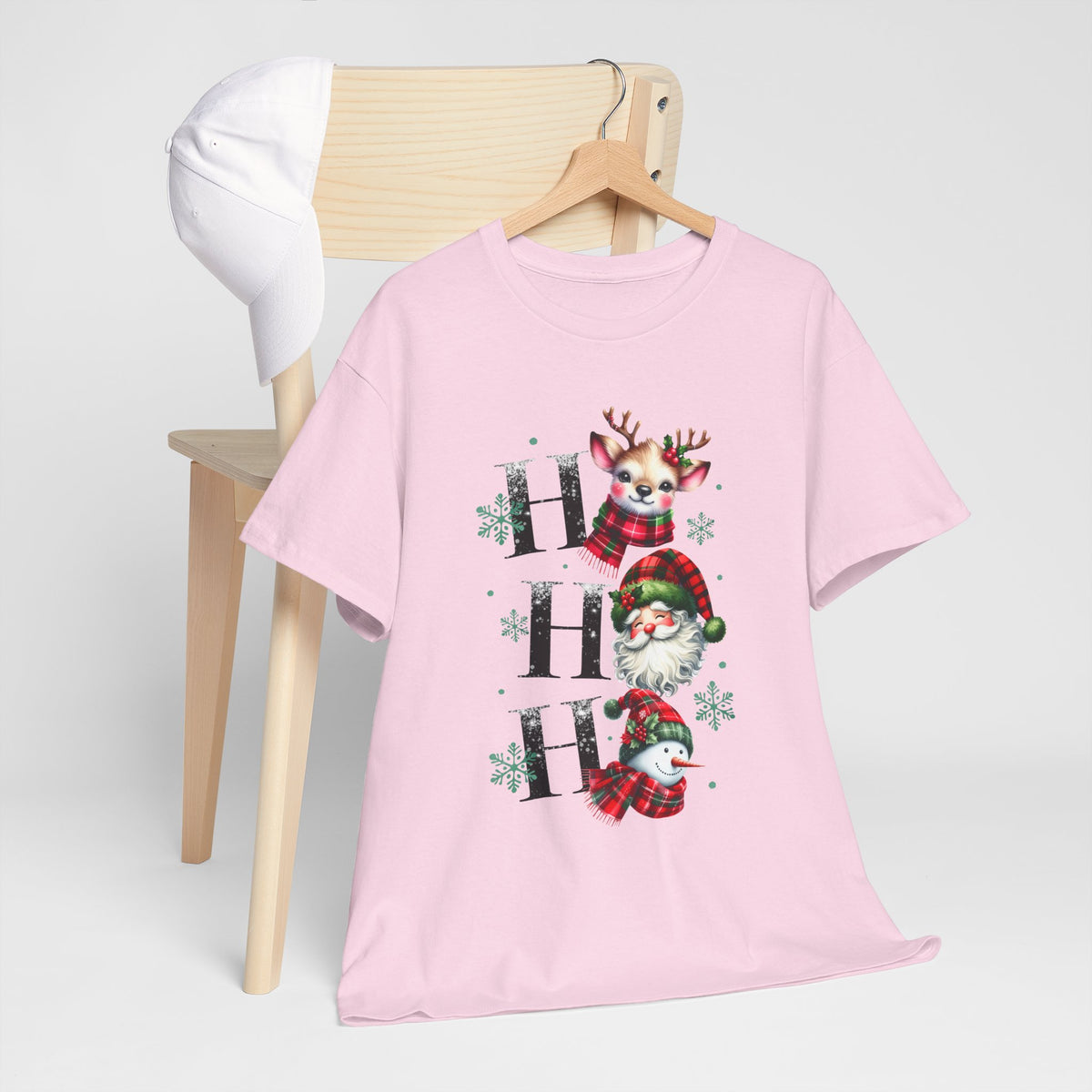 Ho Ho Ho Christmas Shirt - Cute Reindeer, Santa & Snowman Tee, Tartan Plaid Holiday T-Shirt with Snowflakes, Festive Family Matching Gift