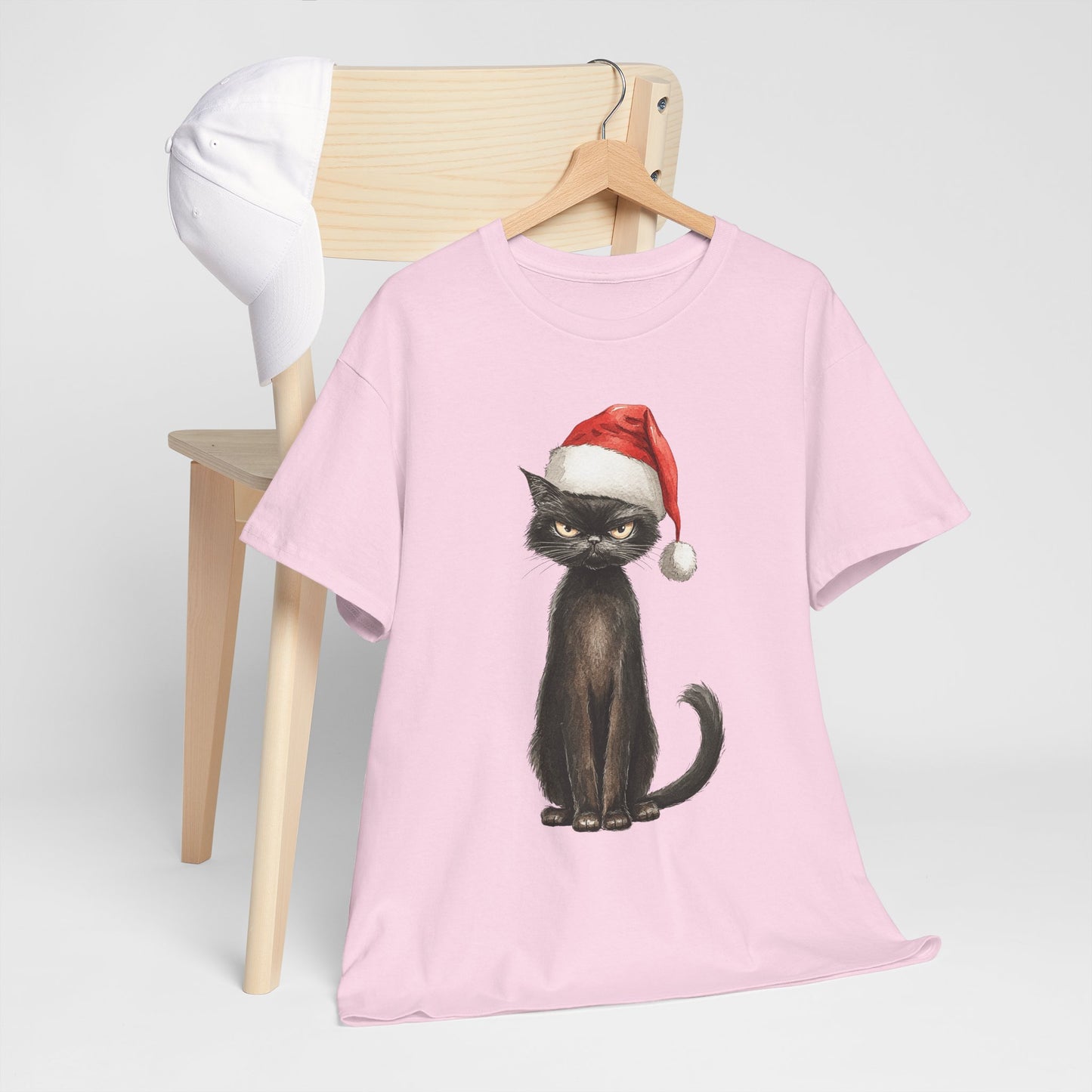 Christmas Black Cat Shirt - Funny Moody Kitty in Santa Hat Tee, Watercolor Holiday T-Shirt, Sarcastic Xmas Gift for Cat Lovers Men & Women