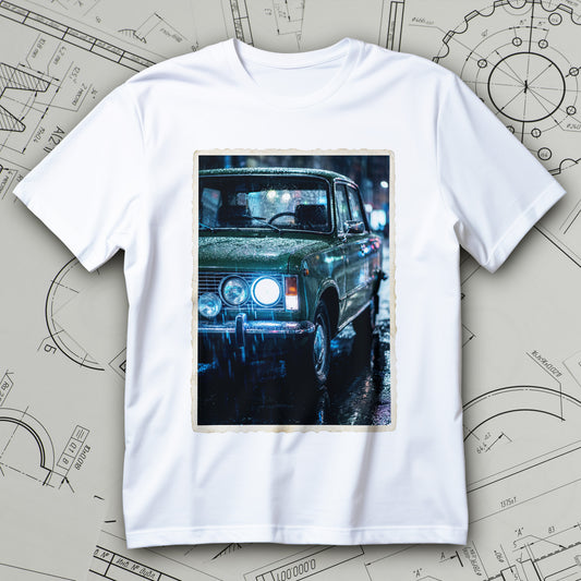 Koszulka fiat 125p z nadrukiem ciemnozielonego auta nocą w deszczu, mocny reflektor, krople na masce i mokry asfalt