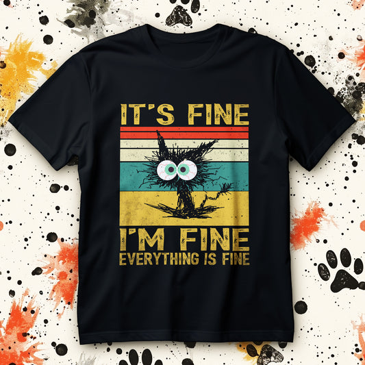 Koszulka IT'S FINE I'M FINE EVERYTHING IS FINE z retro paskami i rozczochranym stworkiem z wielkimi oczami