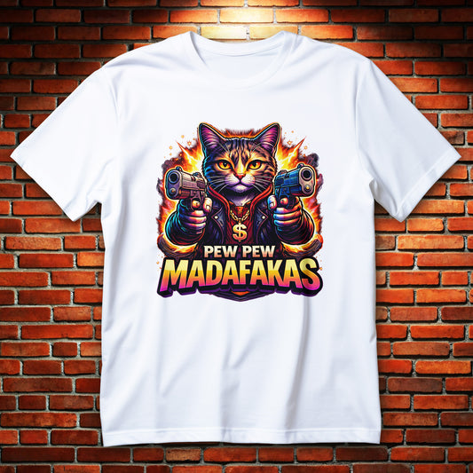 koszulka pew pew madafakas z neonowym kotem w kurtce, plomieniami i napisem PEW PEW MADAFAKAS