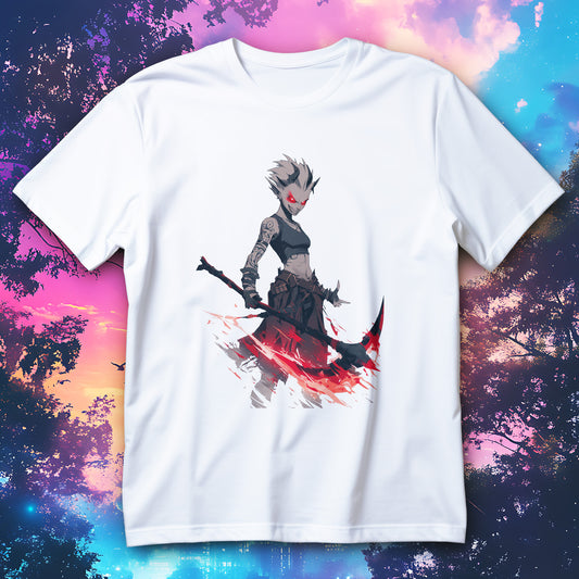 Koszulka anime demon girl z rogami, czerwonymi oczami i ognistą bronią na czarnym tle