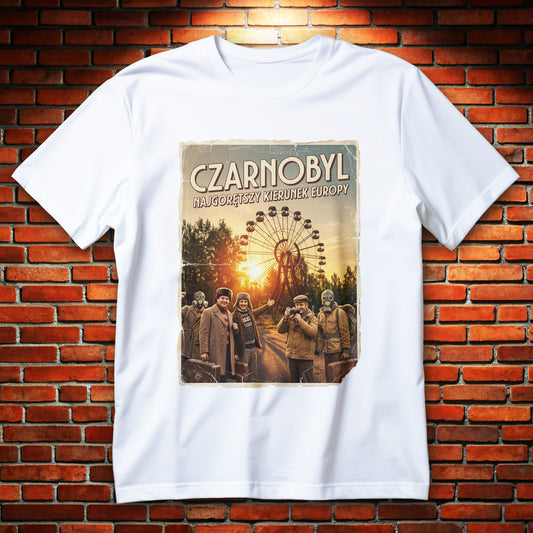 Koszulka Czarnobyl z retro plakatem, diabelskim młynem, turystami i postaciami w maskach gazowych