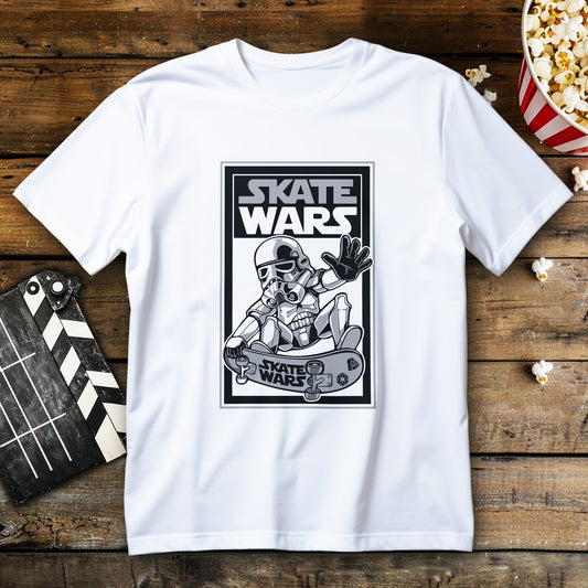 Koszulka Skate Wars z opancerzonym skaterem wykonującym trik na deskorolce