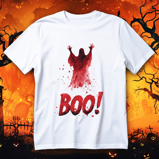 Koszulka Halloween z czerwonym duchem, rozpryskami farby i dużym napisem Boo! na czarnym tle