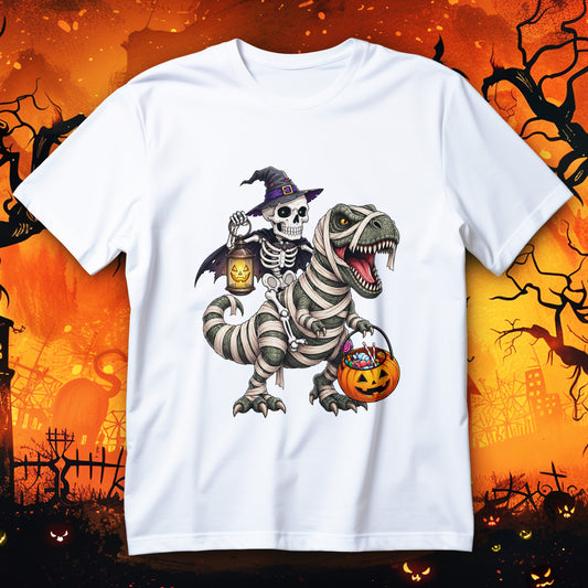 Koszulka Halloween z dinozaurem-mumią, szkieletem w kapeluszu, latarnią i dyniowym koszykiem ze słodyczami