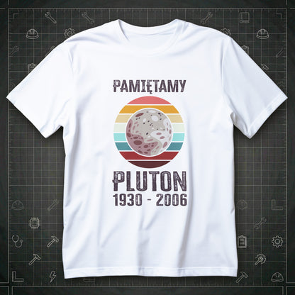 Koszulka Pluton PAMIĘTAMY PLUTON 1930 - 2006, retro pasy i planeta na środku nadruku