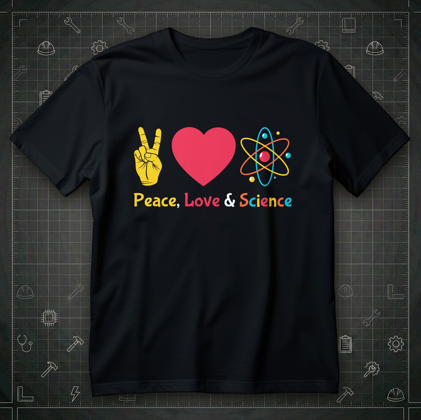 Koszulka Peace, Love & Science z ikoną dłoni pokoju, czerwonym sercem i symbolem atomu oraz napisem Peace, Love & Science