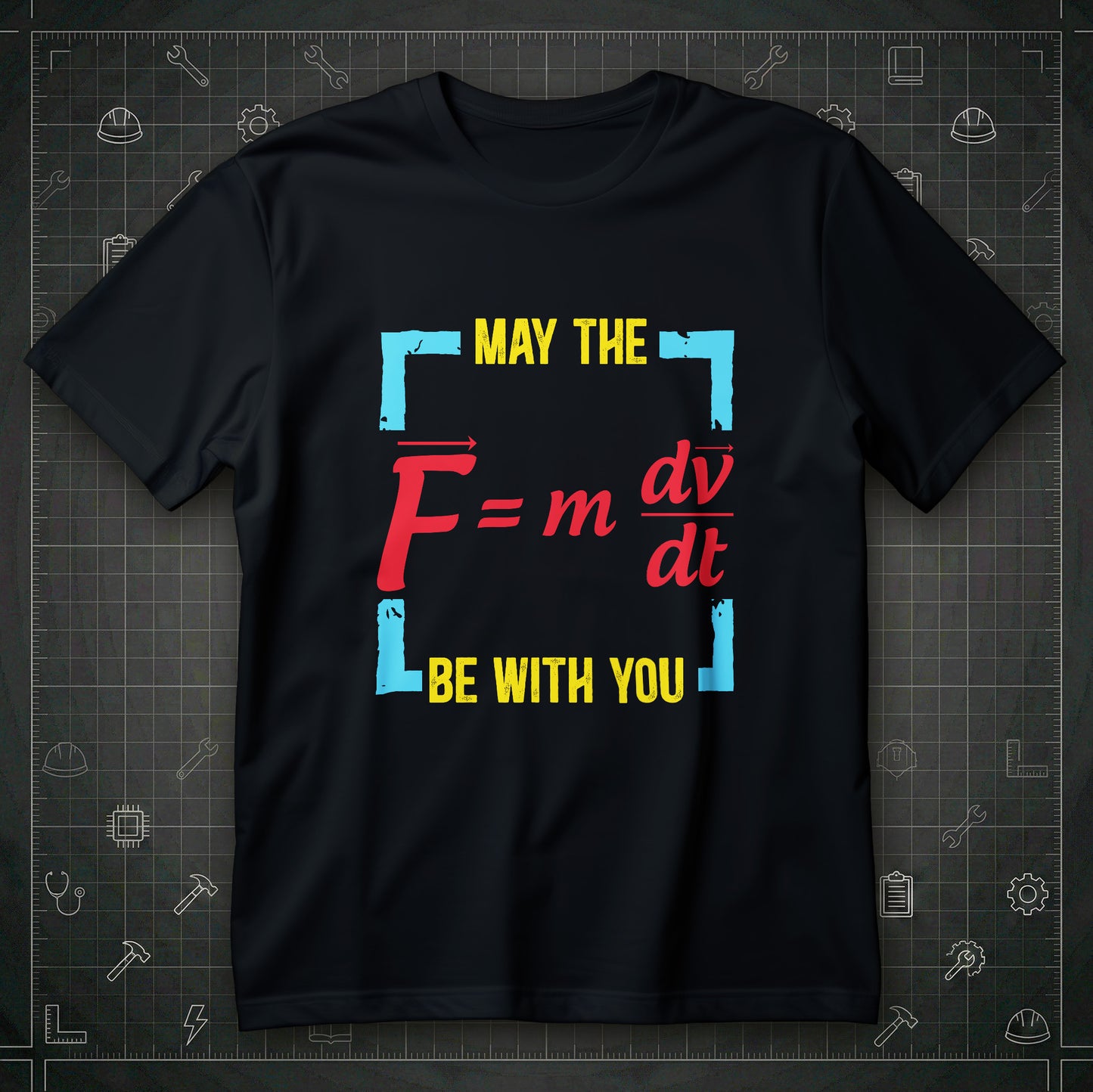 Koszulka fizyka z napisem MAY THE i BE WITH YOU oraz wzorem F = m * dv/dt w kolorowej ramce