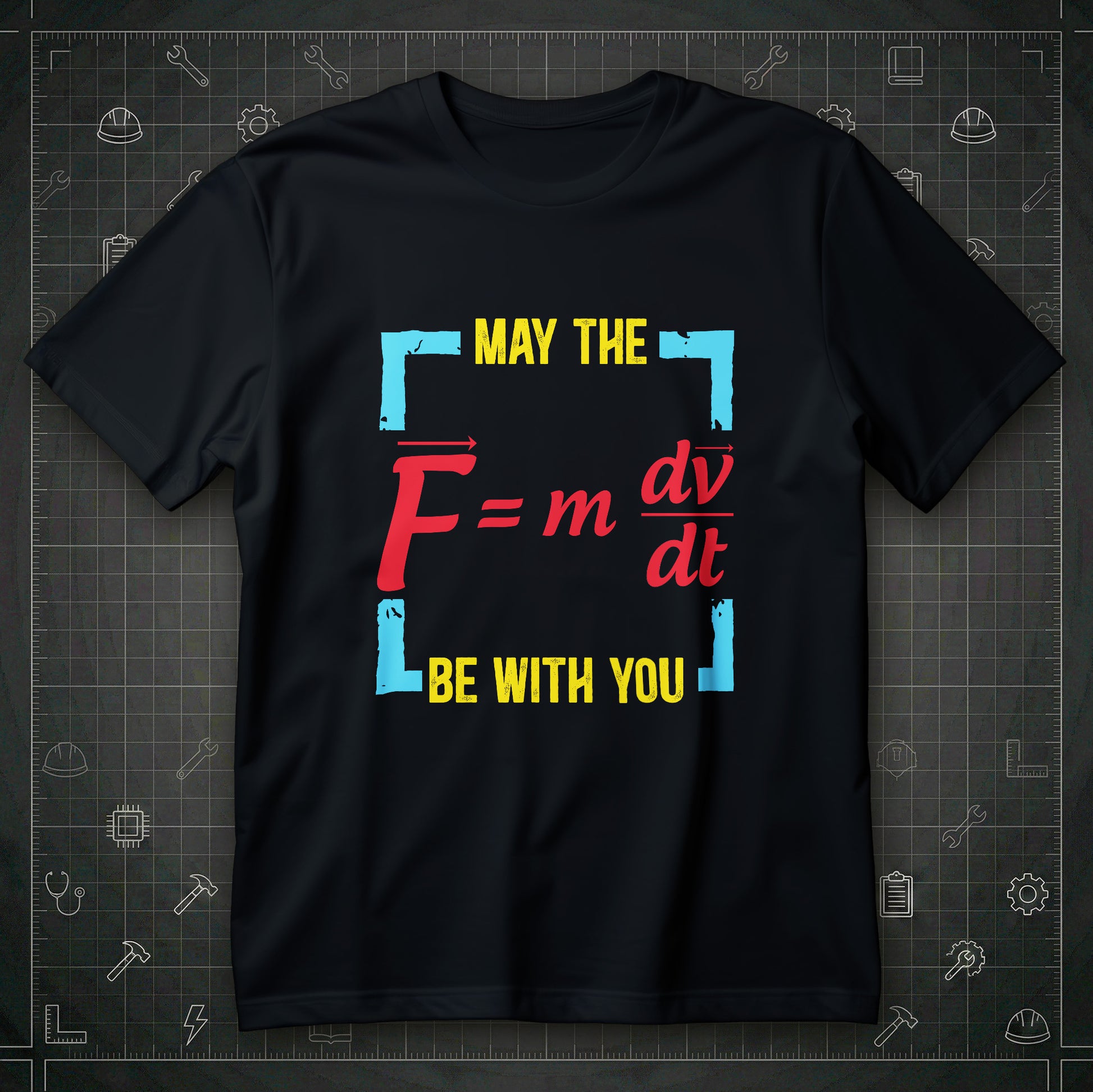 Koszulka fizyka z napisem MAY THE i BE WITH YOU oraz wzorem F = m * dv/dt w kolorowej ramce