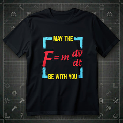 Koszulka fizyka z napisem MAY THE i BE WITH YOU oraz wzorem F = m * dv/dt w kolorowej ramce