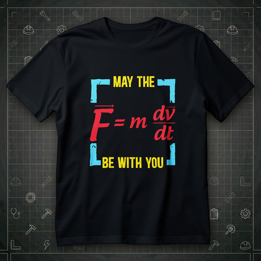 Koszulka fizyka z napisem MAY THE i BE WITH YOU oraz wzorem F = m * dv/dt w kolorowej ramce