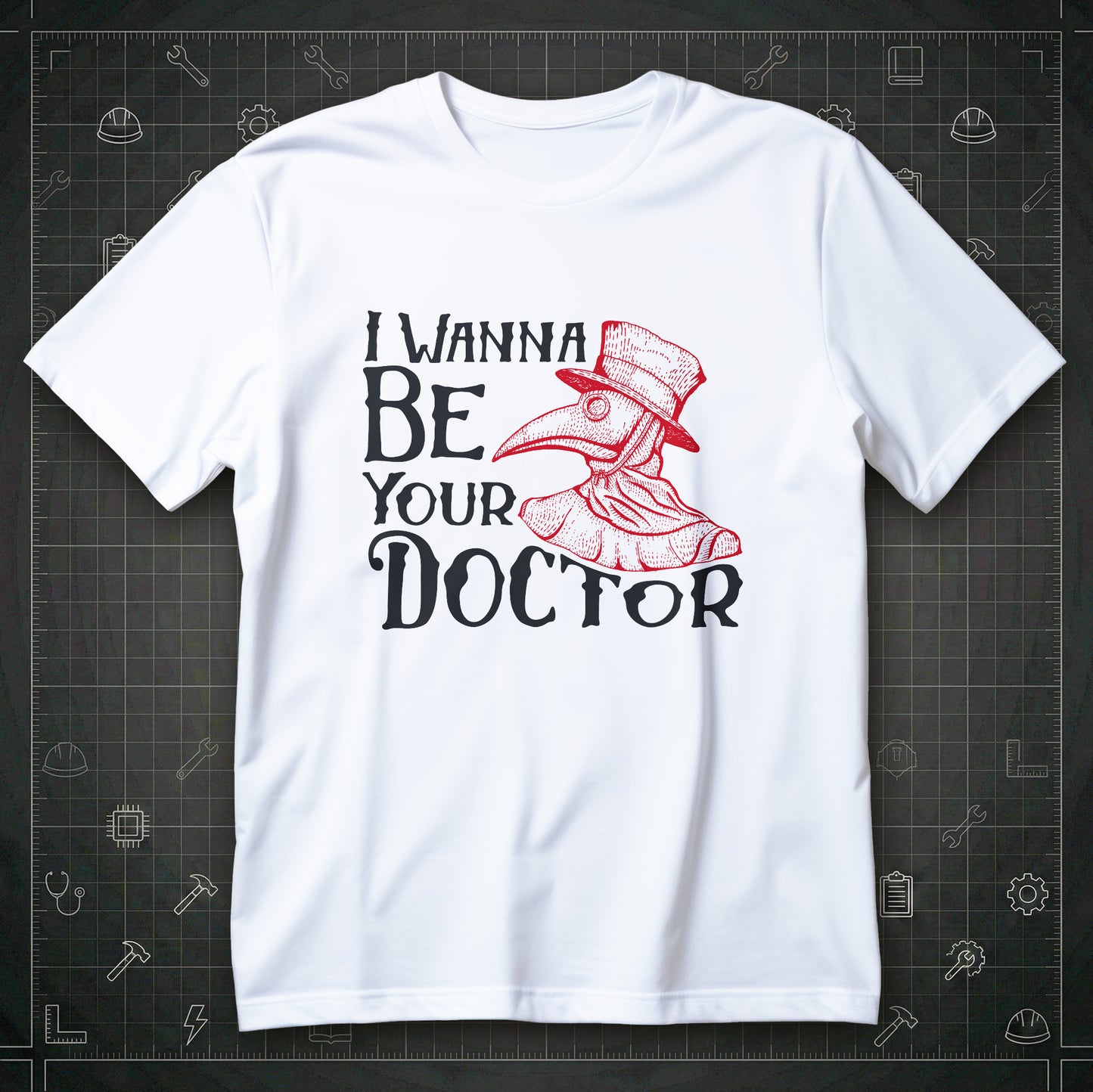 Koszulka I WANNA BE YOUR DOCTOR z ilustracją doktora plagi w czerwieni, kapelusz i maska, napis po angielsku