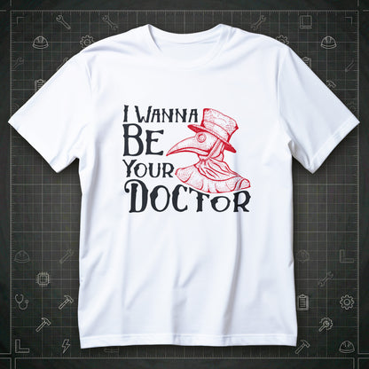 Koszulka I WANNA BE YOUR DOCTOR z ilustracją doktora plagi w czerwieni, kapelusz i maska, napis po angielsku
