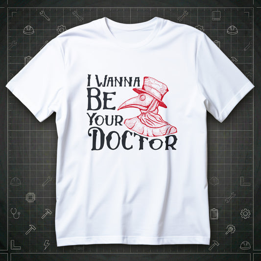 Koszulka I WANNA BE YOUR DOCTOR z ilustracją doktora plagi w czerwieni, kapelusz i maska, napis po angielsku