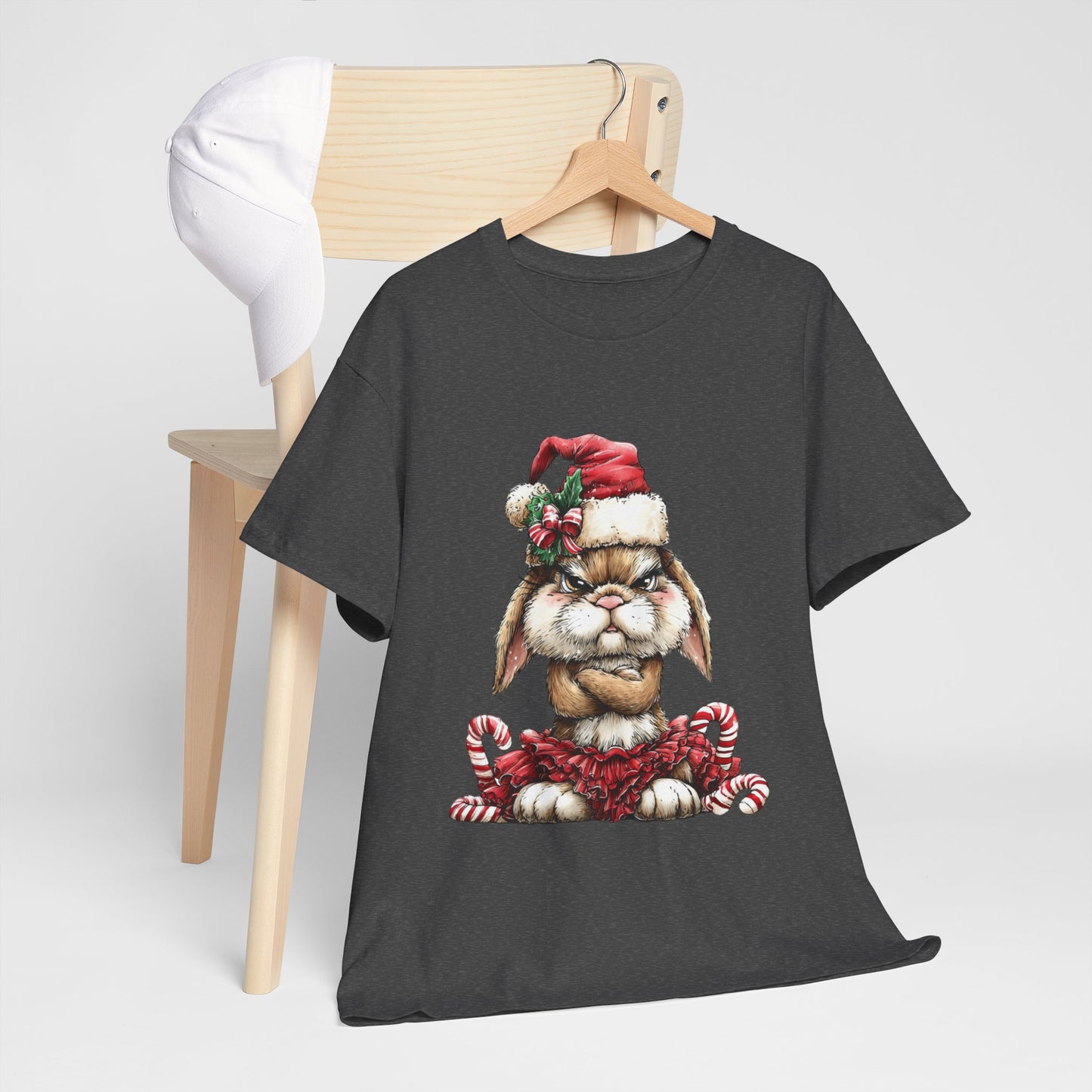 Grumpy Christmas Bunny Shirt - Funny Santa Hat Rabbit in Red Tutu Tee, Candy Cane Holiday T-Shirt, Cute Sarcastic Gift for Women & Men