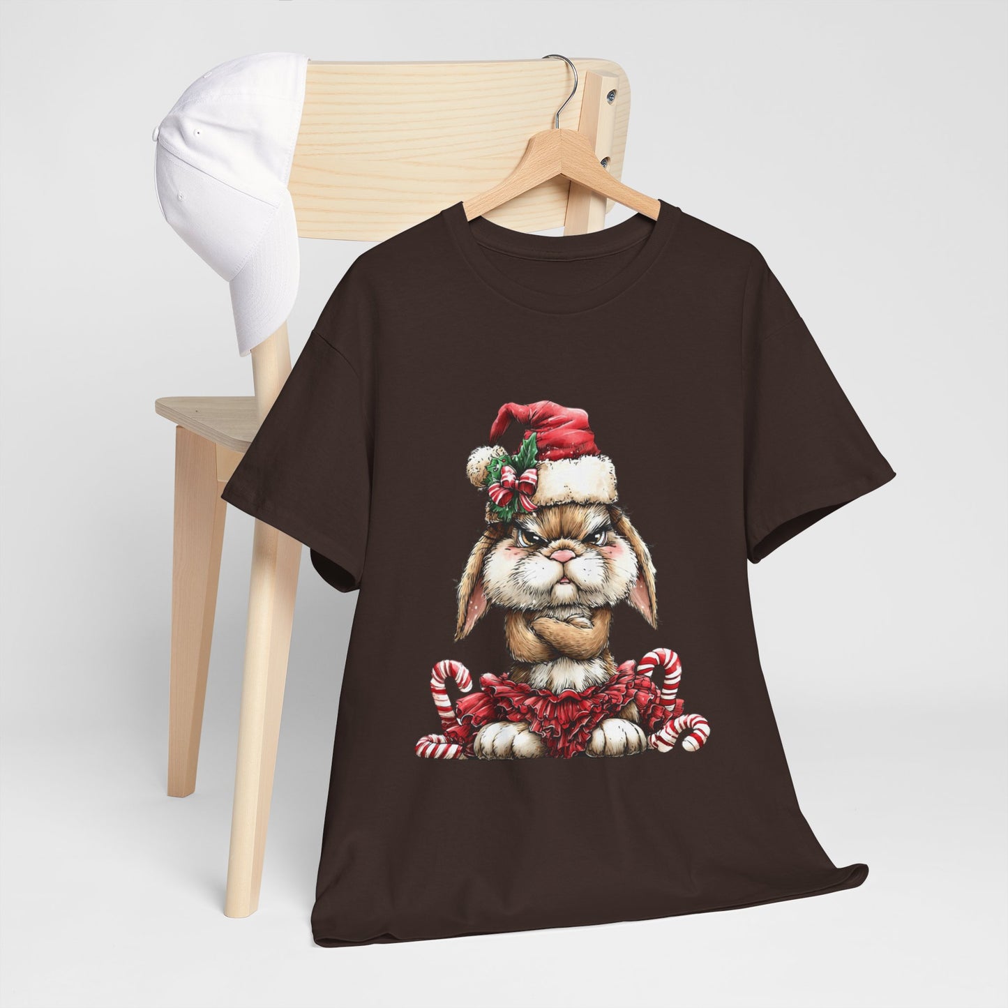 Grumpy Christmas Bunny Shirt - Funny Santa Hat Rabbit in Red Tutu Tee, Candy Cane Holiday T-Shirt, Cute Sarcastic Gift for Women & Men