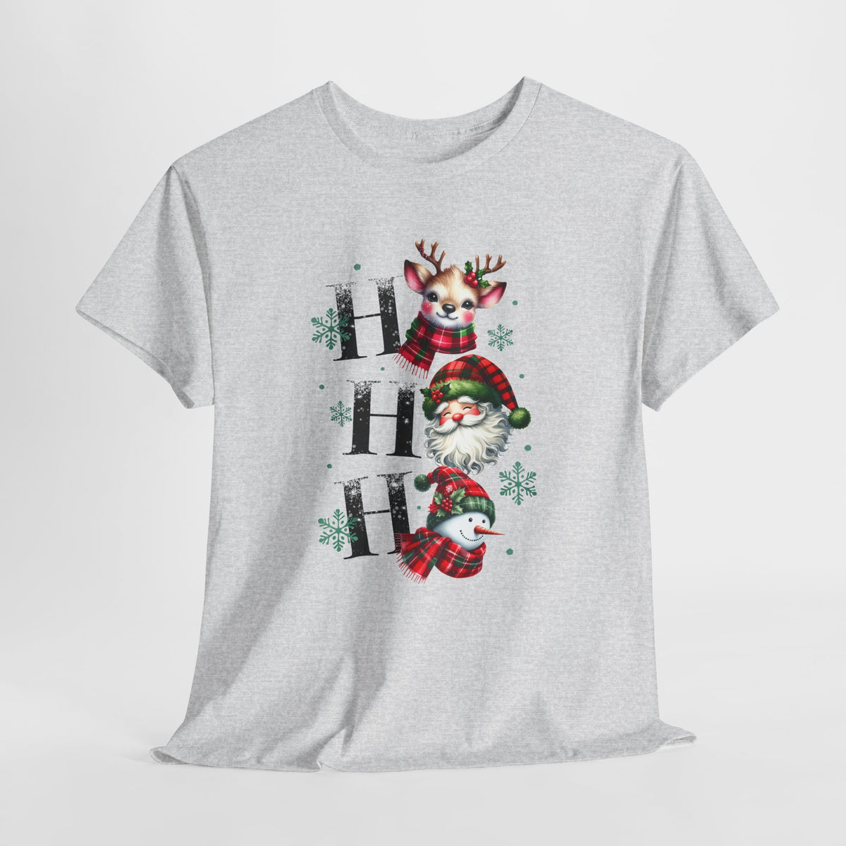 Ho Ho Ho Christmas Shirt - Cute Reindeer, Santa & Snowman Tee, Tartan Plaid Holiday T-Shirt with Snowflakes, Festive Family Matching Gift