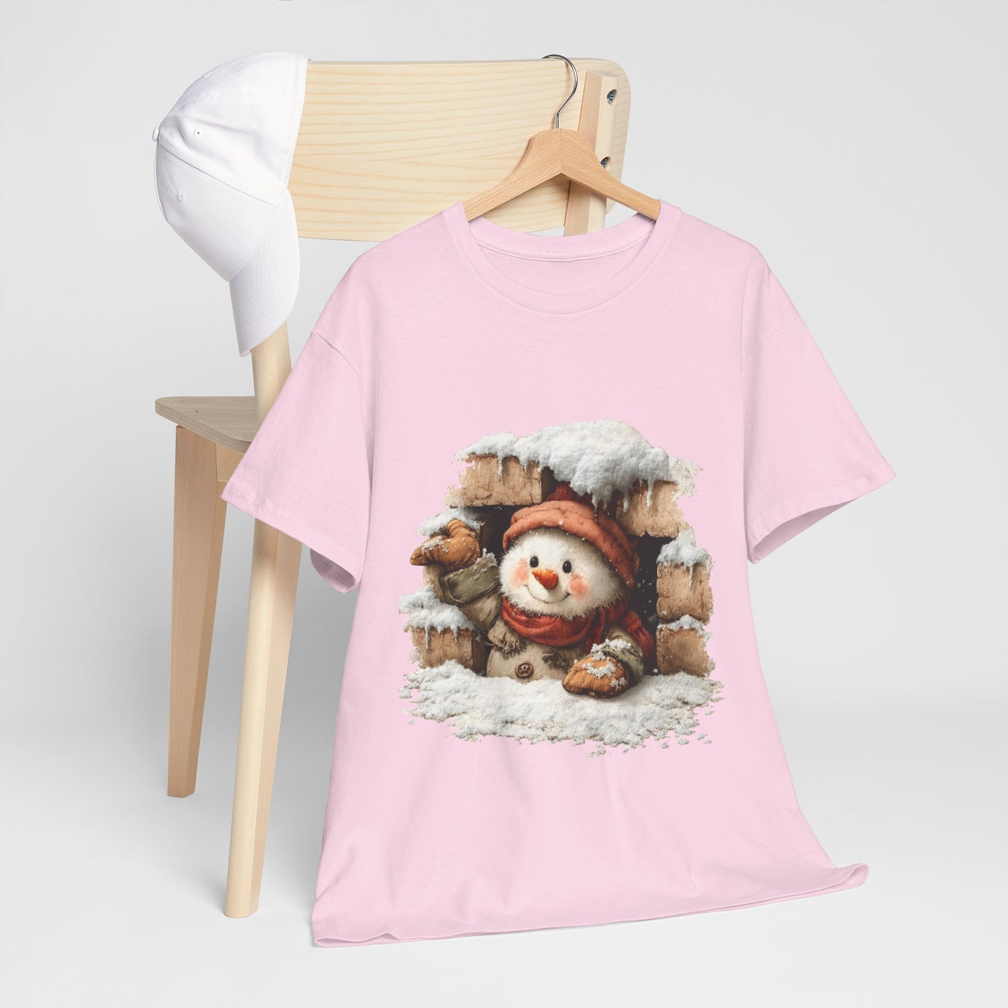 Peeking Snowman Window Shirt - Cute Snowy Brick Window Snowman Tee, Beanie & Scarf Cozy Christmas T-Shirt, Rustic Holiday Gift