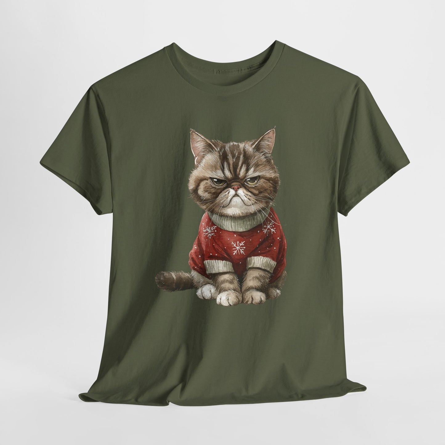 Christmas Grumpy Cat Shirt - Funny Moody Kitty in Red Snowflake Sweater Tee, Cute Winter Watercolor T-Shirt, Holiday Gift for Cat Lovers