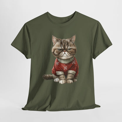 Christmas Grumpy Cat Shirt - Funny Moody Kitty in Red Snowflake Sweater Tee, Cute Winter Watercolor T-Shirt, Holiday Gift for Cat Lovers
