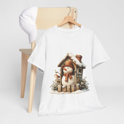 Cabin Porch Snowman Shirt - Rustic Snowman in Little House with Bird Tee, Cozy Winter Christmas T-Shirt