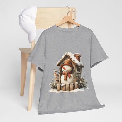 Cabin Porch Snowman Shirt - Rustic Snowman in Little House with Bird Tee, Cozy Winter Christmas T-Shirt