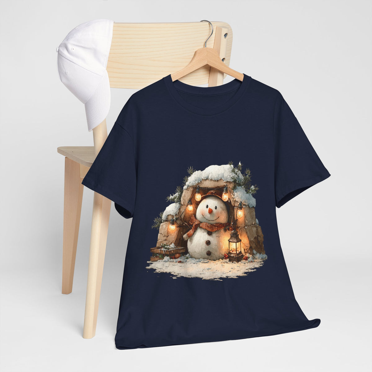 Cozy Lantern Snowman Shirt - Rustic Christmas Snowman with String Lights Tee, Winter Cabin Aesthetic T-Shirt, Cute Holiday Gift