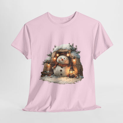 Cozy Lantern Snowman Shirt - Rustic Christmas Snowman with String Lights Tee, Winter Cabin Aesthetic T-Shirt, Cute Holiday Gift