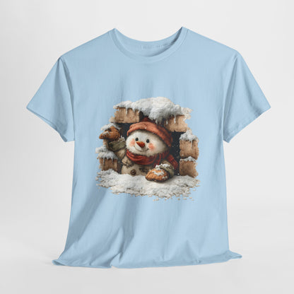 Peeking Snowman Window Shirt - Cute Snowy Brick Window Snowman Tee, Beanie & Scarf Cozy Christmas T-Shirt, Rustic Holiday Gift