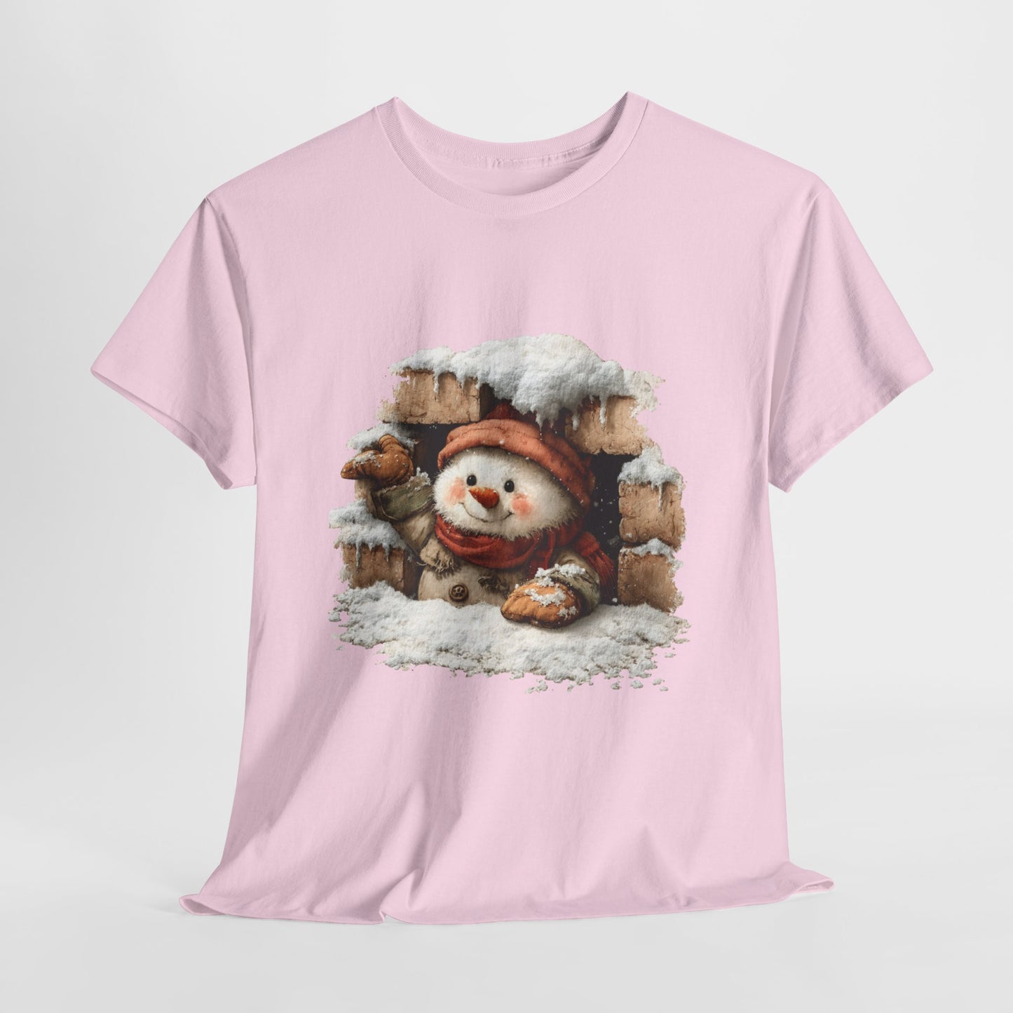 Peeking Snowman Window Shirt - Cute Snowy Brick Window Snowman Tee, Beanie & Scarf Cozy Christmas T-Shirt, Rustic Holiday Gift