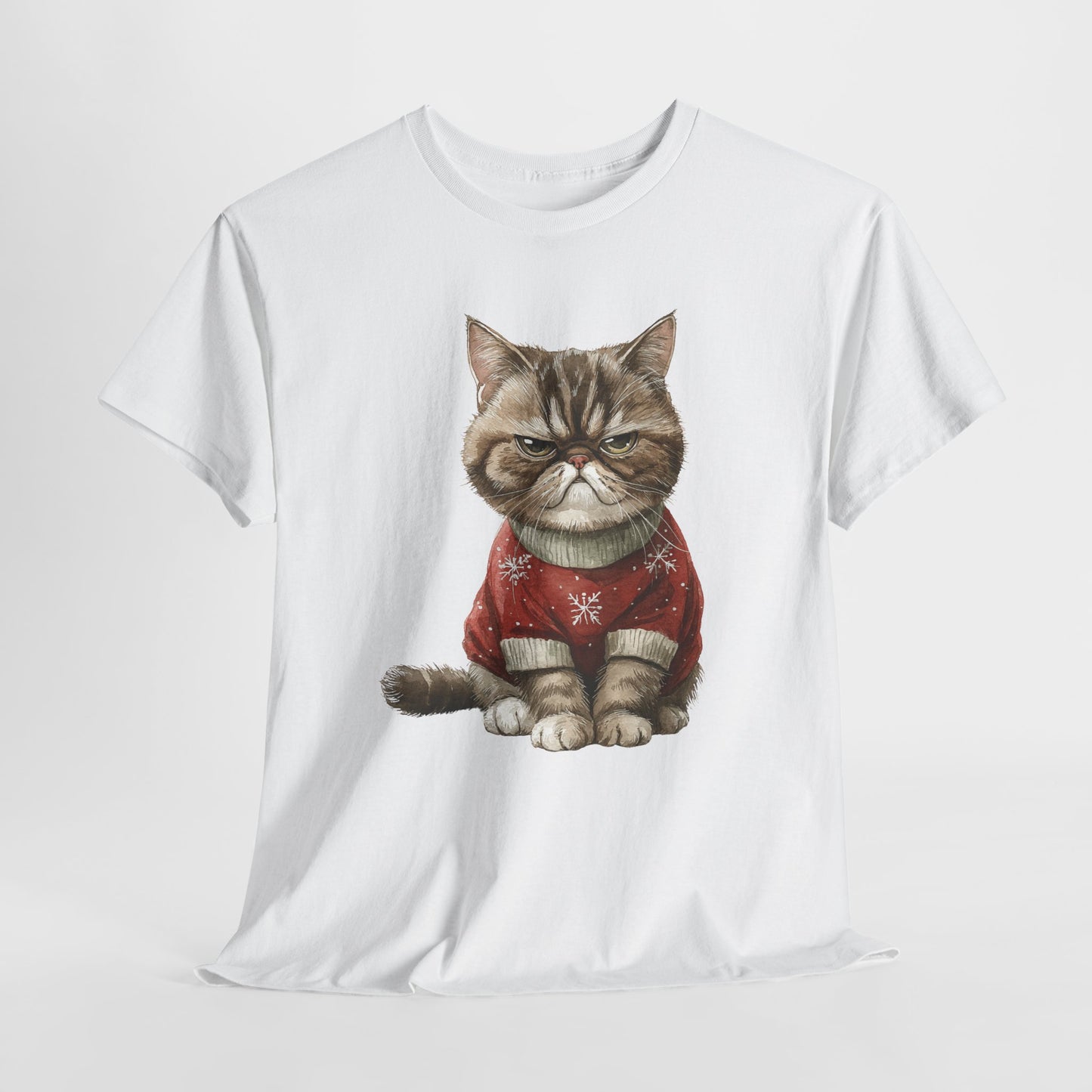 Christmas Grumpy Cat Shirt - Funny Moody Kitty in Red Snowflake Sweater Tee, Cute Winter Watercolor T-Shirt, Holiday Gift for Cat Lovers