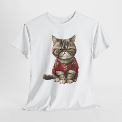 Christmas Grumpy Cat Shirt - Funny Moody Kitty in Red Snowflake Sweater Tee, Cute Winter Watercolor T-Shirt, Holiday Gift for Cat Lovers