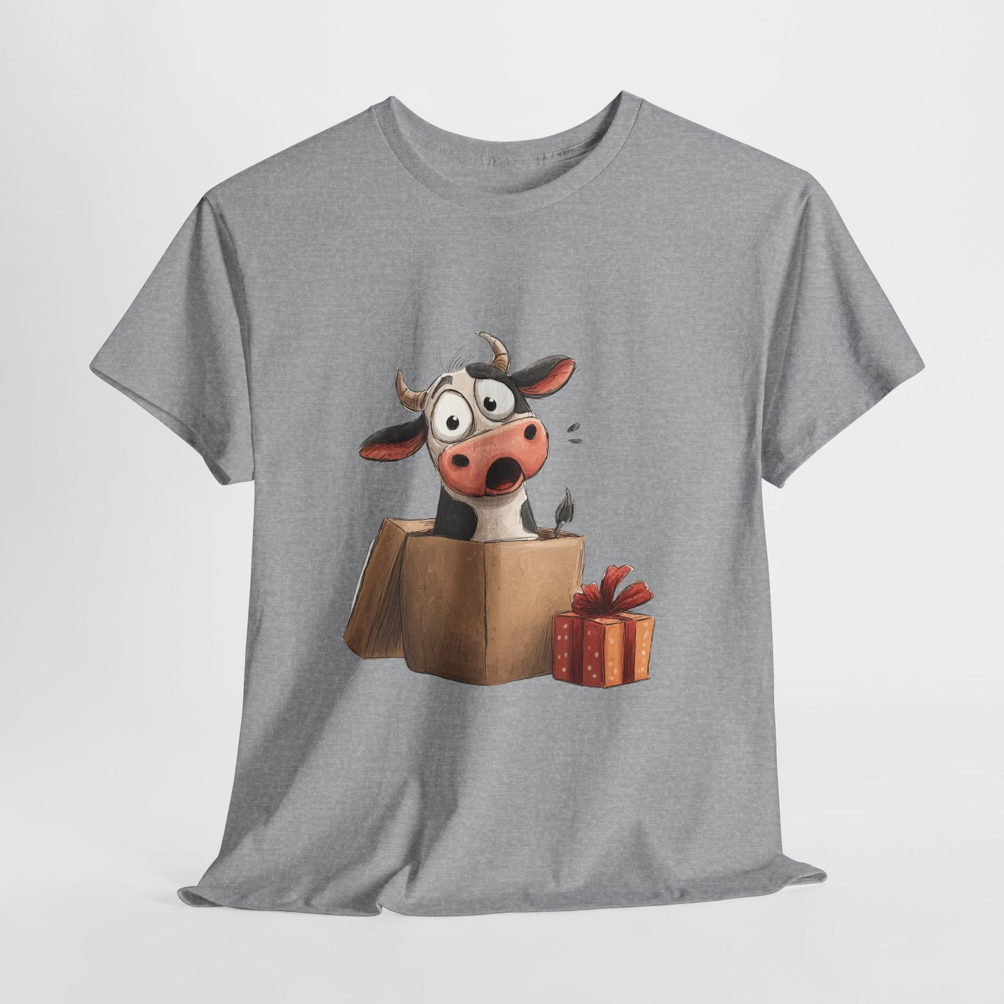 Cow in a Gift Box Shirt - Funny Christmas Surprise Moo Tee, Cute Cartoon Dairy Cow T-Shirt with Present and Bow