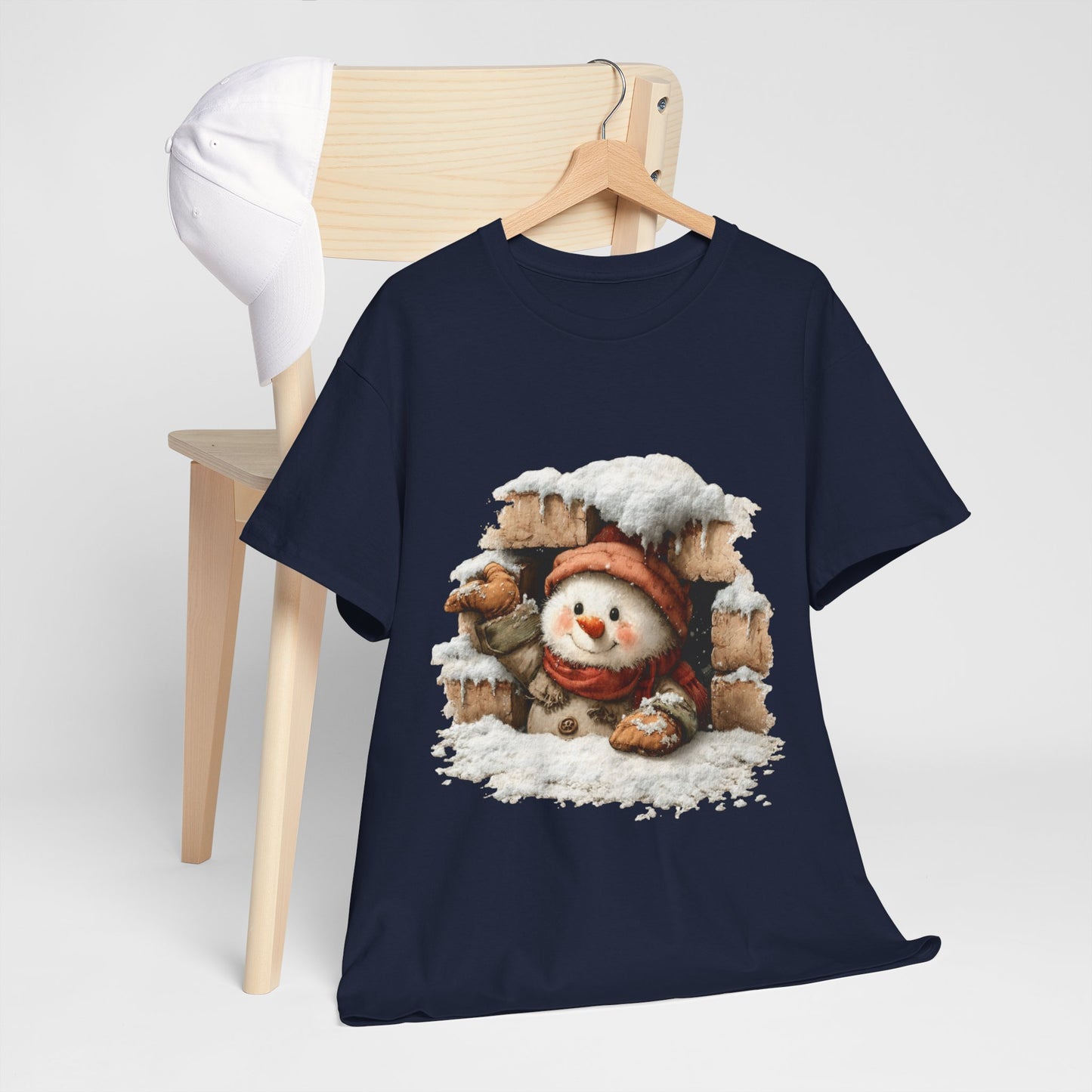Peeking Snowman Window Shirt - Cute Snowy Brick Window Snowman Tee, Beanie & Scarf Cozy Christmas T-Shirt, Rustic Holiday Gift