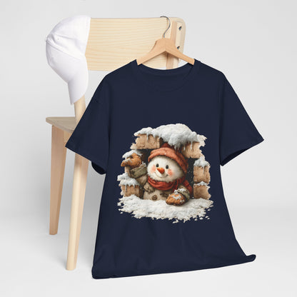 Peeking Snowman Window Shirt - Cute Snowy Brick Window Snowman Tee, Beanie & Scarf Cozy Christmas T-Shirt, Rustic Holiday Gift