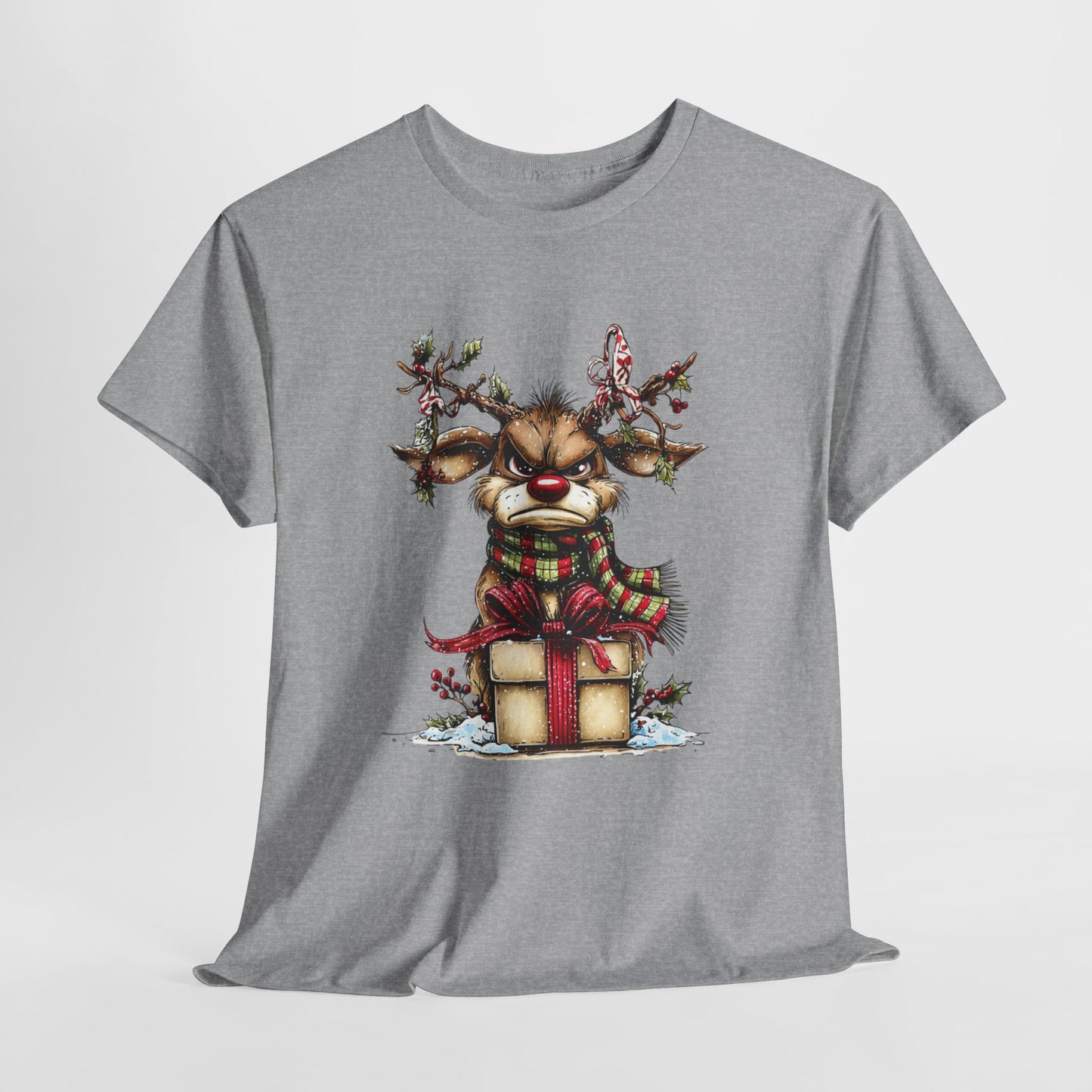 Grumpy Red-Nose Reindeer Shirt - Funny Christmas Reindeer with Gift & Plaid Scarf Tee, Sarcastic Holiday T-Shirt, Cozy Winter Gift