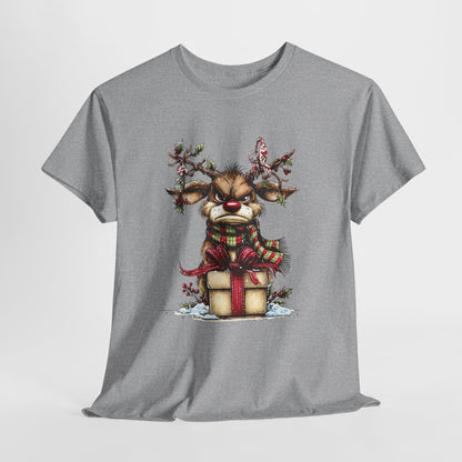 Grumpy Red-Nose Reindeer Shirt - Funny Christmas Reindeer with Gift & Plaid Scarf Tee, Sarcastic Holiday T-Shirt, Cozy Winter Gift