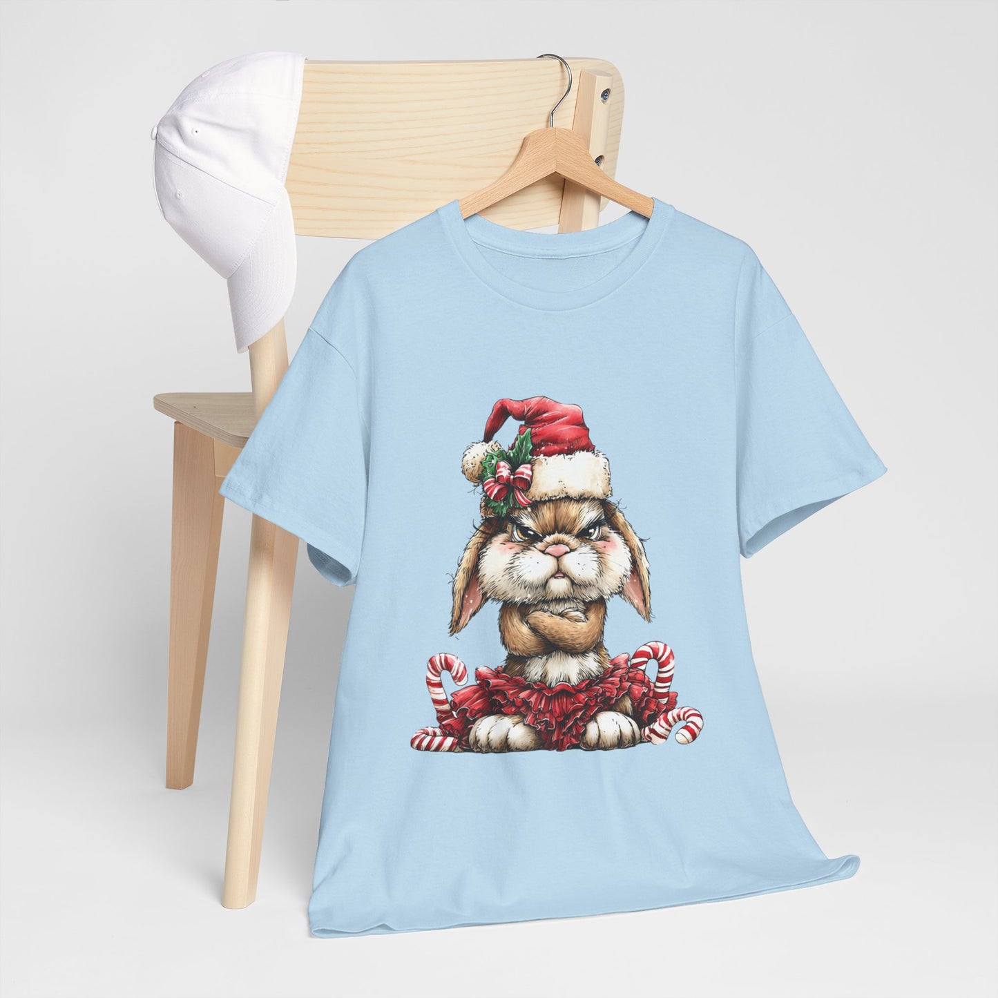 Grumpy Christmas Bunny Shirt - Funny Santa Hat Rabbit in Red Tutu Tee, Candy Cane Holiday T-Shirt, Cute Sarcastic Gift for Women & Men