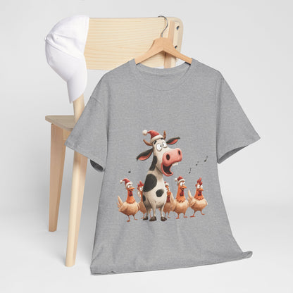 Cow & Chicken Carolers Shirt - Funny Christmas Farm Choir Tee, Singing Santa Hat Animals T-Shirt, Holiday Gift for Men and Women