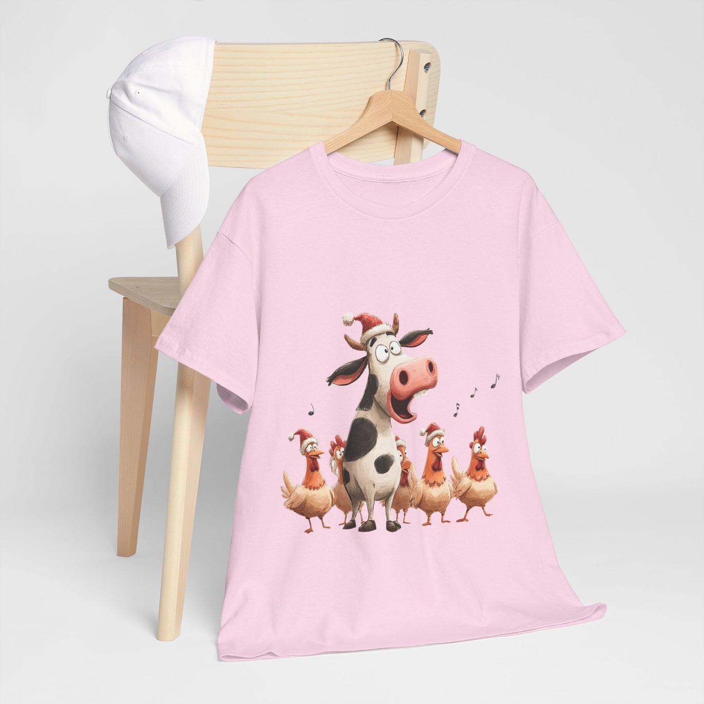 Cow & Chicken Carolers Shirt - Funny Christmas Farm Choir Tee, Singing Santa Hat Animals T-Shirt, Holiday Gift for Men and Women