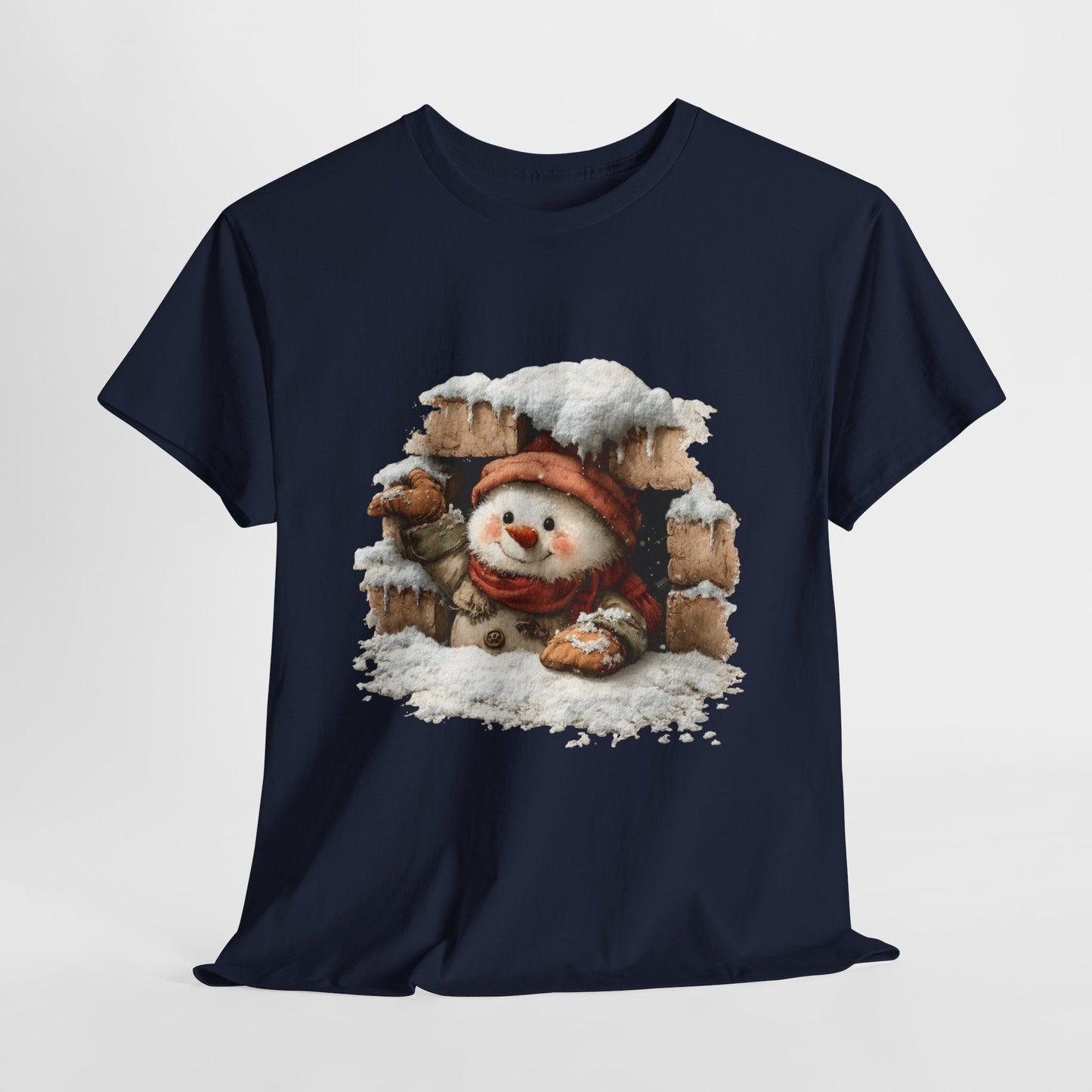 Peeking Snowman Window Shirt - Cute Snowy Brick Window Snowman Tee, Beanie & Scarf Cozy Christmas T-Shirt, Rustic Holiday Gift