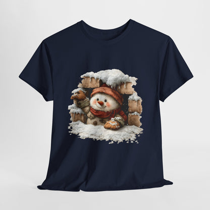 Peeking Snowman Window Shirt - Cute Snowy Brick Window Snowman Tee, Beanie & Scarf Cozy Christmas T-Shirt, Rustic Holiday Gift