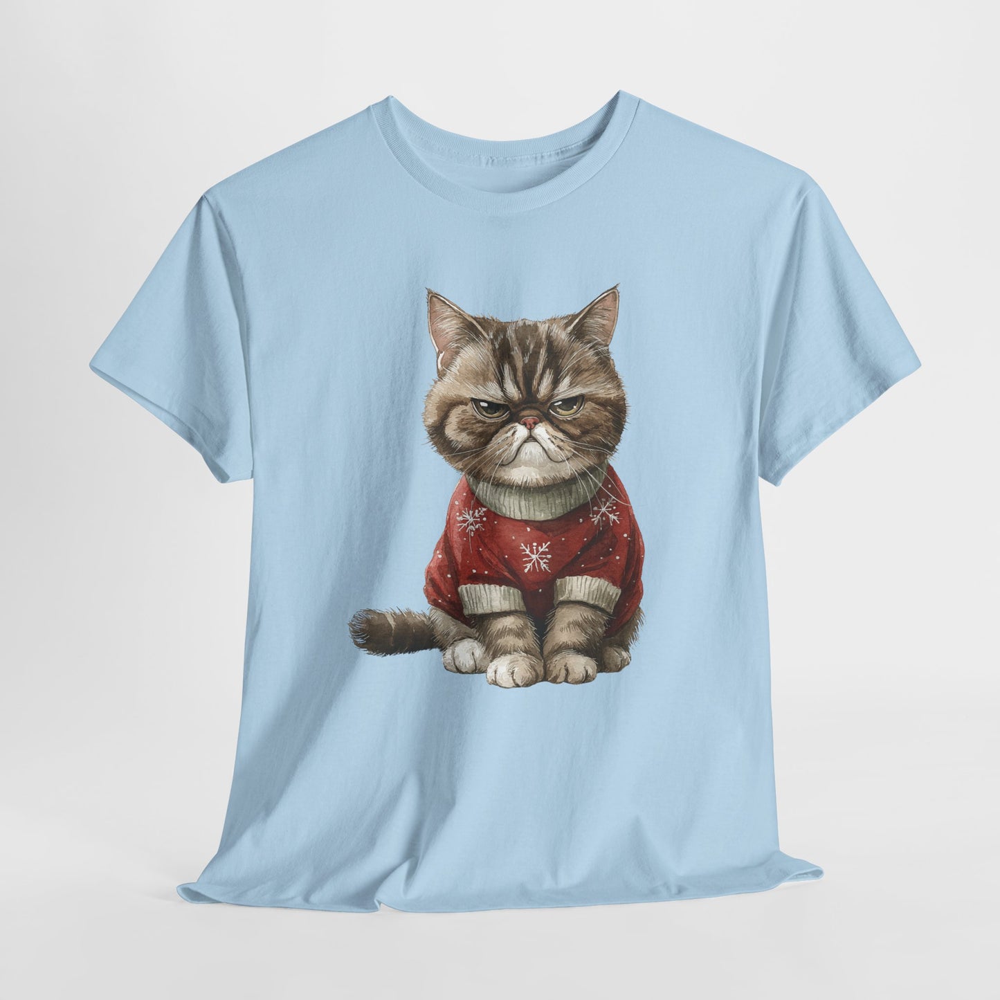 Christmas Grumpy Cat Shirt - Funny Moody Kitty in Red Snowflake Sweater Tee, Cute Winter Watercolor T-Shirt, Holiday Gift for Cat Lovers