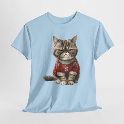 Christmas Grumpy Cat Shirt - Funny Moody Kitty in Red Snowflake Sweater Tee, Cute Winter Watercolor T-Shirt, Holiday Gift for Cat Lovers