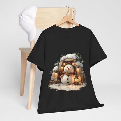 Cozy Lantern Snowman Shirt - Rustic Christmas Snowman with String Lights Tee, Winter Cabin Aesthetic T-Shirt, Cute Holiday Gift