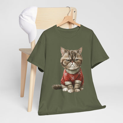 Christmas Grumpy Cat Shirt - Funny Moody Kitty in Red Snowflake Sweater Tee, Cute Winter Watercolor T-Shirt, Holiday Gift for Cat Lovers