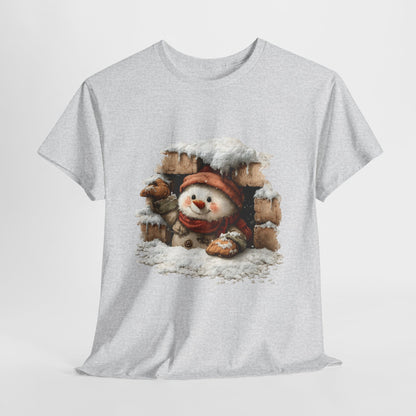 Peeking Snowman Window Shirt - Cute Snowy Brick Window Snowman Tee, Beanie & Scarf Cozy Christmas T-Shirt, Rustic Holiday Gift