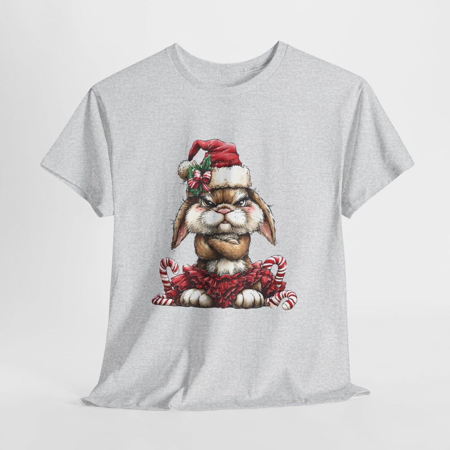 Grumpy Christmas Bunny Shirt - Funny Santa Hat Rabbit in Red Tutu Tee, Candy Cane Holiday T-Shirt, Cute Sarcastic Gift for Women & Men