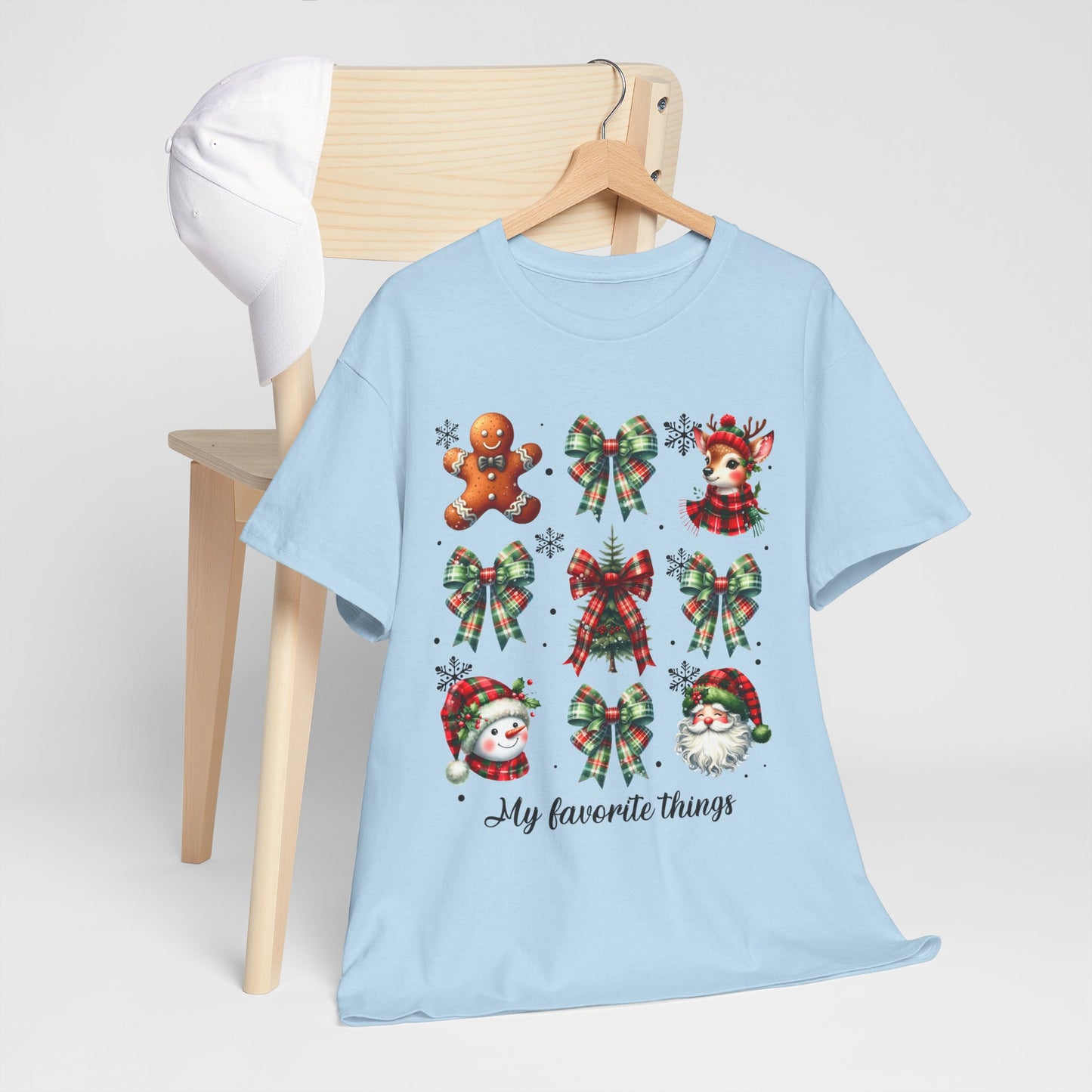 My Favorite Christmas Things Shirt - Plaid Bows, Reindeer, Gingerbread, Tree, Snowman & Santa Tee, Cute Festive Collage Holiday T-Shirt